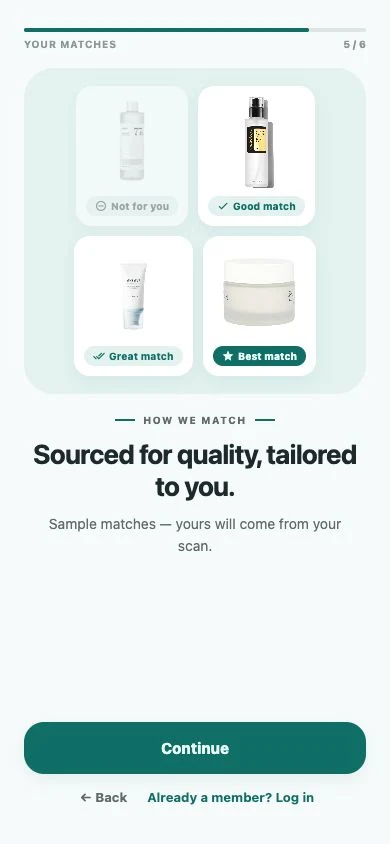 Connie's Skin onboarding showing personalized product match labels