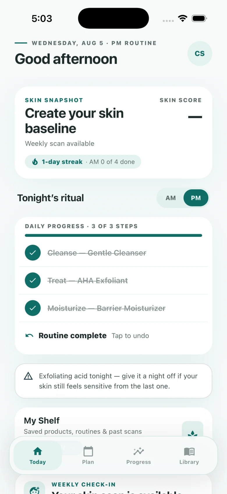 Connie's Skin Today screen showing a routine caution and completed steps